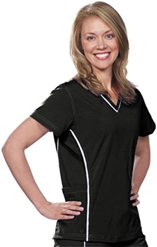 NU Dimension Ships Free. V-Neck Stretch Women Scrub Top-White Piping- 2X-BLK