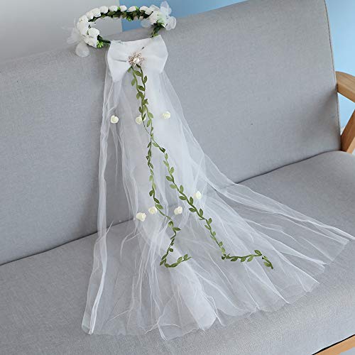 Flower Crown White Girls Headpiece,Women's Flower Festival Wedding - Headband Flower Crown Hair Wreath Halo With Adjustable Ribbon - Thumbnail 3
