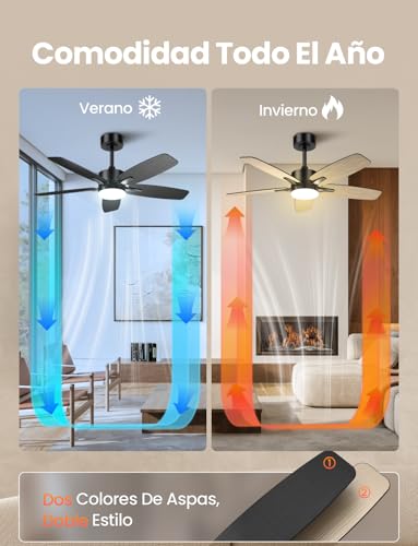 Airwit Ventilador de Techo, Lámpara Ventilador de Techo 42 Pulgadas/107 cm, Abanico de Techo Silenciosos con Control Remoto y Luz LED para el Hogar, 6 Velocidades, Motor de CC Reversible, Negro