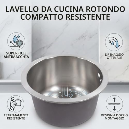 Mini Round Stainless Steel Sink with Drain Connector for Small Kitchens Diameter 30 cm