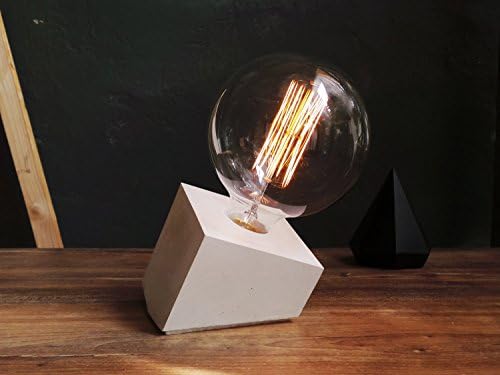 Concrete Lamp "Tilted Cube" White concrete table lamp with grey textile cable and extra large Edison bulb