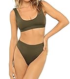Nulibenna Women's Solid Scoop Tankini Cropped Top High Waist Cut Bikini Swimsuit