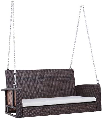 Garden Field Daybed Rattan Wicker Porch Swing Bench Chair for 2-Person Seat Outdoor Weather Resistant Hanging with Cushion without Canopy Brown Comfortable Relaxation Suspended Rhythm Lounge Mix Weave
