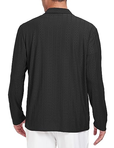 ZAFUL MENS EYELET CUBAN LONG SLEEVE SHIRTS CASUAL BUTTON DOWN REGULAR FIT SHIRT (BLACK M)