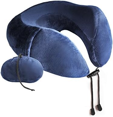 GOMUM Travel Neck Pillow - Super Cozy and Easy to Carry Memory Foam Pillow with Removable and Machine-Washable Velour Cover for Airplane Traveling and Sleeping - Adult Size, Navy Blue