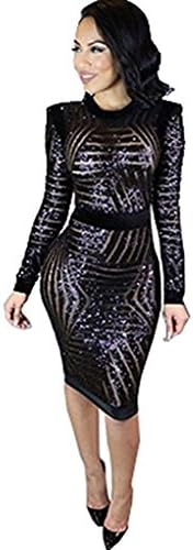 Kearia Womens Sexy Black Sequin Scoop Neck Long Sleeve Bodycon Party Midi Dress
