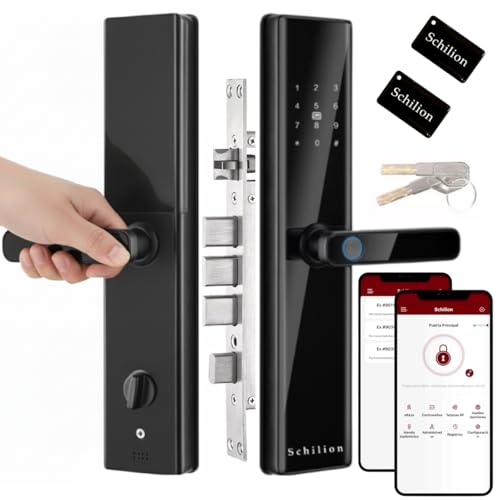 Schilion Cerradura Inteligente para Puerta Exterior e Interior | Códigos Huella Tarjeta física control App Schilion, compatible con ttlock, Resistencia al Exterior Negro
