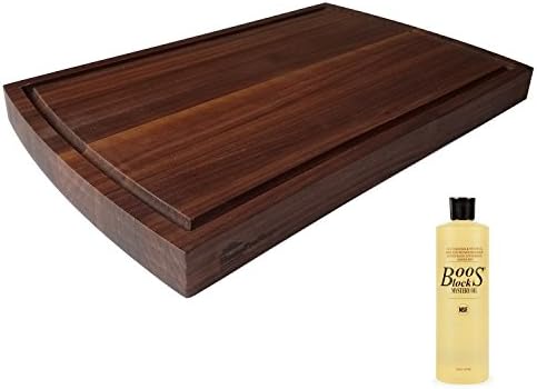 HomeProShops 1-1/2" x 12" x 19" Solid Walnut Wood Butcher Block Cutting Board w Curved Ends and Juice Groove Channel 1 Side plus (1) 16 oz Bottle John Boos MYSB Mystery Oil Included - Reversible