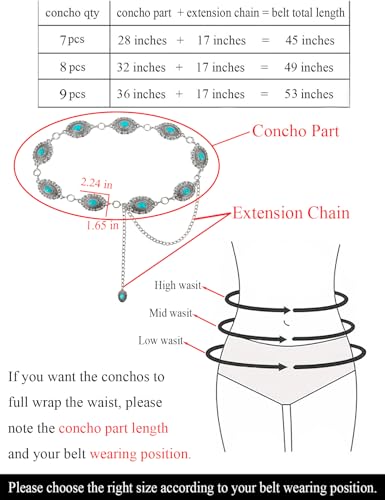 TOPACC Western Metal Concho Belt for Women Cowgirl Chain Belts for Dresses Jeans Country Concert Outfit