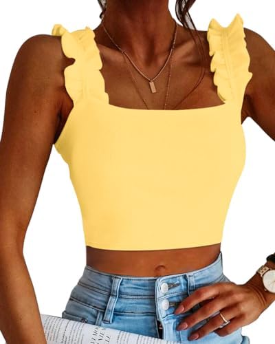 CLOZOZ Crop Tops for Women Ruffle Cropped Tank Tops Cute Summer Ribbed Square Neck Trendy Going Out Preppy Strappy Top Baby Yellow at Amazon
