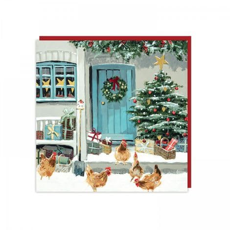 Charity Christmas Cards - Chickens and a Festive Farmhouse with Foil Details - Eco-Friendly - Pack of 6 Cards - By Art Beat