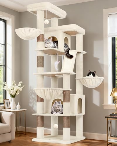 Globlazer Beige XXL Cat Tree Large 204 cm with 2 Huge Padded Platform 50 x 30 cm, 2 Large Kennels, 3 Soft Baskets, Sisal Board, Stable Cat Trees for 3-5 Cats Indoor (S80G, Beige)