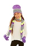 S.W.A.K Girls Knit Hat, Scarf And Gloves Set - Purple/ Yellow Combo
