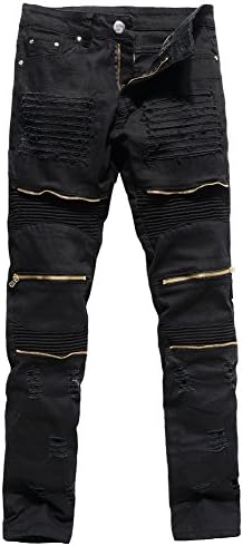 LIYT Men's Slim Fit Moto Ripped Jeans Distressed Ripped Zipper Denim Pants
