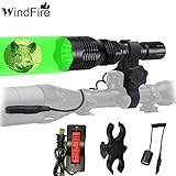 WindFire [A Complete Set] WF-802 Waterproof 350 Lumens 18650 Battery Tactical Flashlight 250 Yard Long Range Throwing Green Hunting Light Green Cree LED Coyote Hog Hunting Light Lamp Torch with Remote Pressure Switch + Scope/Bike Mount Holder + 18650 Rechargeable battery and Charger for Hunting Fishing