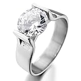 Women's Stainless Steel Ring Wedding Band CZ Silver Tone White