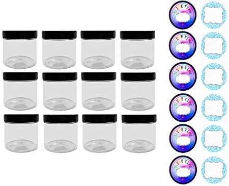 Slime Storage Container Jars with Lids – 12 Pack – 4 oz. Clear Slime Craft Jars with Lids and 2 Sets of Labels. Empty Leak Proof Slime and Craft Storage Jars, BPA Free