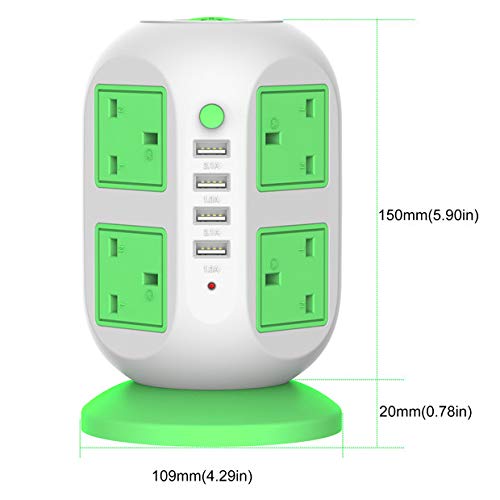 USB Power Strip LECTCAFE Surge Protector Tower Power Socket Outlets, Vertical Multi-Socket with 8 Outlets and 4 USB Ports Universal Charging Station for Home and Office（Green)