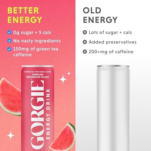 GORGIE Sugar Free Natural Energy Drinks, Sparkling Watermelon Crush (12 Pack) - Healthy Energy Drink - Natural Coffee Replacement with Green Tea Caffeine and Biotin, 150mg Caffeine, Vegan, Low Calorie
