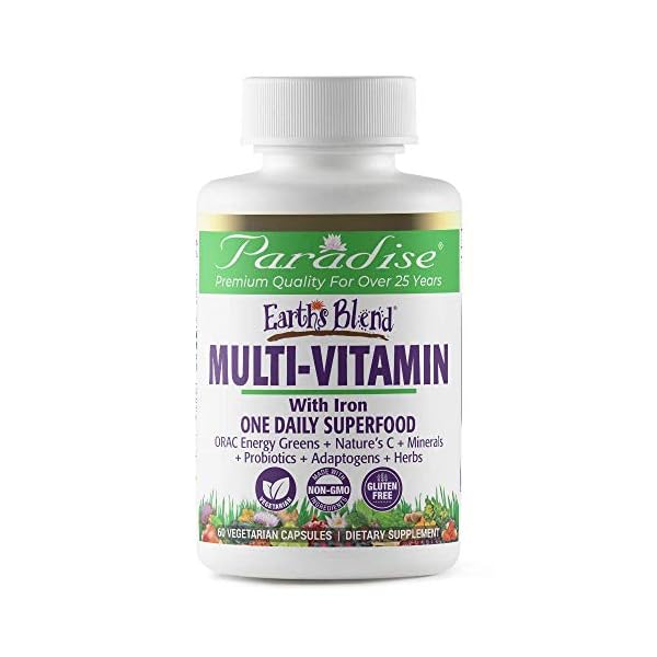 Paradise Herbs Earth's Blend, ORAC Energy Greens, Multivitamin, with Iron, Contains Vitamins A,B,C,D,K2, 60 Vegetarian Capsules