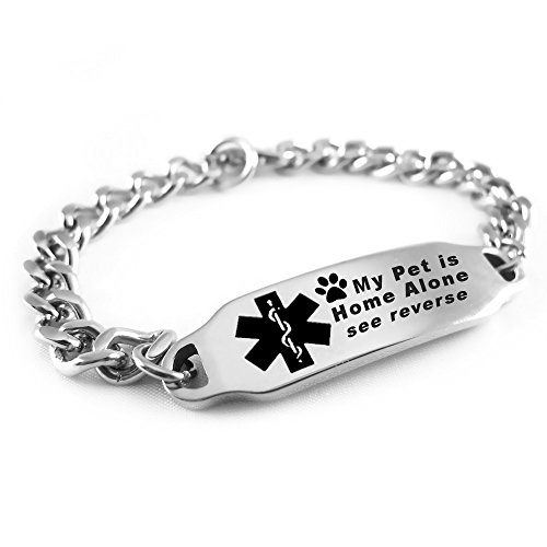 My Identity Doctor - Customizable My Pet is Home Alone Medical Bracelet, Stainless Steel, Black Symbol