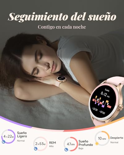 TOOBUR Women's Round Smartwatch, 40 mm Sports Smartwatch, Calorie Step Counter, Compatible Android iOS, Answer/Make Calls, Women's Health Watch, IP68 Waterproof, Pink