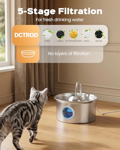 Stainless Steel Cat Fountain: Water Fountain for Cats – 2.6 L – Stainless Steel Cat Fountains – Ultra Quiet Dog Water Dispenser – Easy to Clean – with 8 Filters + 8 Sponges