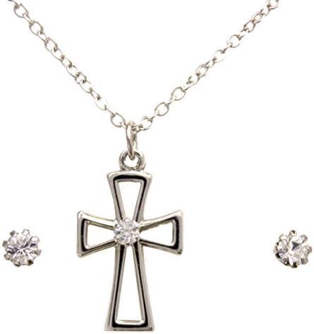 Open Cross Silver Tone Necklace with Crystal Earrings