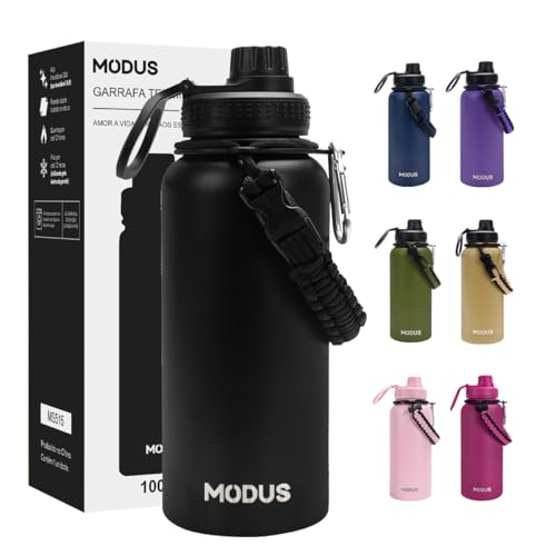 MODUS 950mL Garrafa Térmica Aço Inoxidável Com Alça Paracord (Preto)