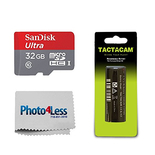 Tactacam Rechargeable Battery Solo 3.0/4.0/5.0, Bow & Gun Camera + SanDisk Ultra 32GB microSDHC UHS-I Card Adapter + Photo4Less Camera Lens Cleaning Cloth â€“ Valued Bundle