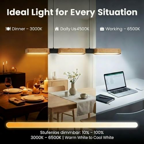 Epochglo Modern Wooden Kitchen Chandelier 90cm LED Lamp for Dining Room and Kitchen Island Dimmable 3000K-6500K with Remote Control and Memory Function