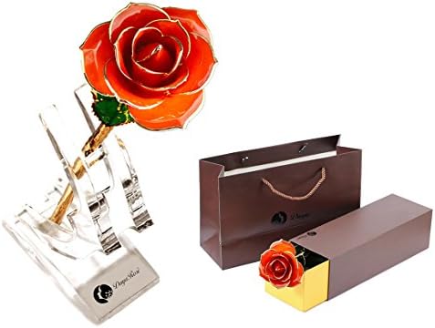 Tangerine Red Gold Dipped 24K Plated Real Rose 100% Natural Flower Long Stem Gift for Lover Valentine's Day Mother's Day Wife Daughter Birthday Anniversary Gifts+Stand+Gift Box Foil Trim