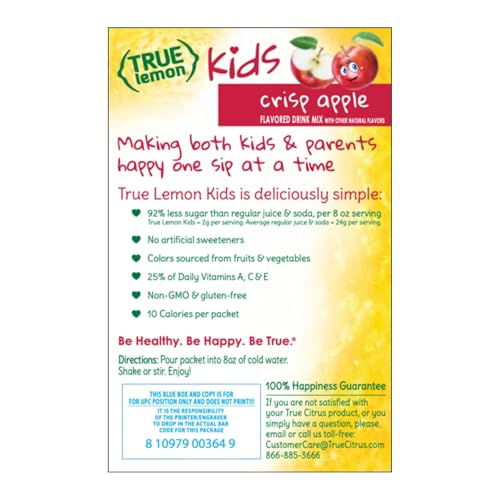 TRUE LEMON KIDS CRISP APPLE (10 PACKETS) – HYDRATION, NO PRESERVATIVES, NO ARTIFICIAL FLAVORS, NO SWEETENERS – LOW SUGAR WATER FLAVORING – JUICE POWDERED DRINK MIX FOR KIDS