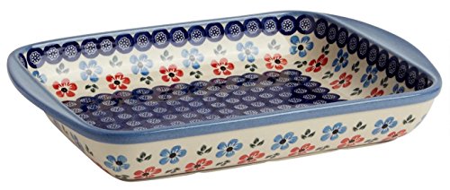 Click Here to See More Images Polish Pottery Blue and Red Floral Baking or Serving Dish, 13.25â€L x 10â€W x 2â€H