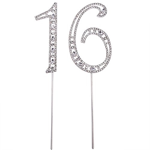 eBoot Sweet 16 Cake Topper 16th Birthday Party Supplies with Sparkling Rhinestone Crystals, Silver