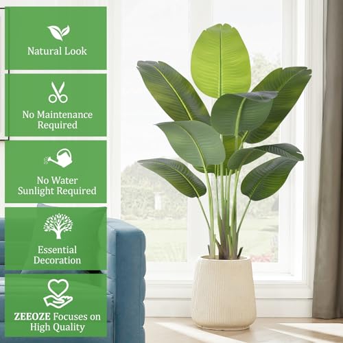 ZEEOZE Artificial Plant Bird of Paradise 120 cm Decorative Artificial Plants with 9 Banana Leaves, Large Indoor Artificial Plant with White Pot for Home Decoration Living Room Home Room Decor