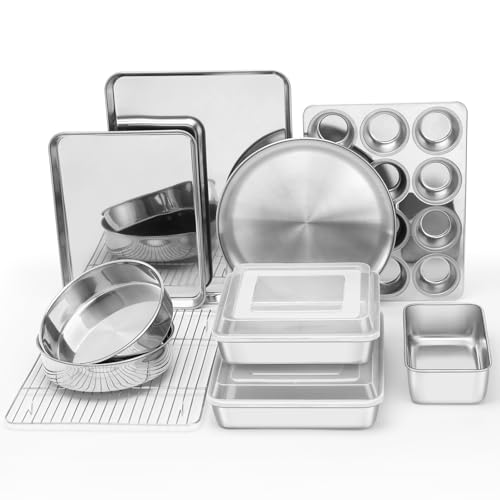 E-far 12-Piece Bakeware Sets, Stainless Steel Baking Pan Set Includes Cookie Sheet, Round Square Rectangle Cake Pans with Lids, Multi-Functional for Loaf Muffin Pizza, Non-toxic & Dishwasher Safe