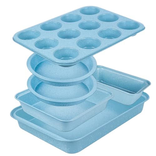 Barlket Baking Pans Set Non Stick, Bakeware Sets Stackable, Oven Safe, Steel Baking Set Supplies for Home Baking, Roasting, Easy to Release, Sturdy Bake Gifts for Holiday, Blue, 6 Pieces