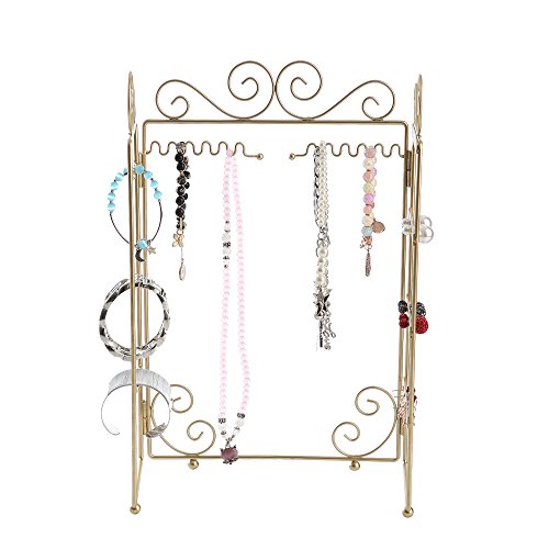 Gold Modern Metal 3 Panel Trellis Folding Tabletop Wall Mount Bracelet & Necklace Jewelry Organizer Display Tree Tower Rack