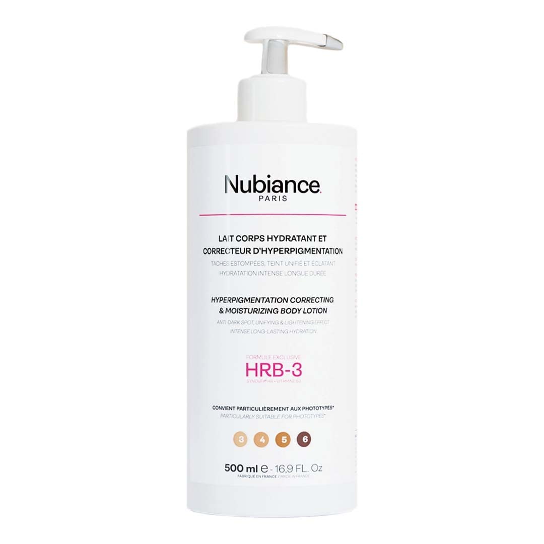 NUBIANCE - Lait Corps Unifiant & Hydratant HRB-3, 500ml - Soin protecteur et Anti-Tache d'hyperpigmentation - Peaux Sèches, Mixtes et Grasse - Peau Hydratée & Souple