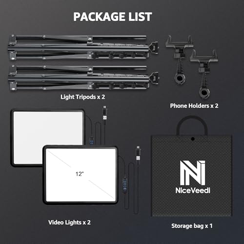 2-Pack LED Video Light Kit, NiceVeedi Studio Light, 2800-6500K Dimmable Photography Lighting Kit with Tripod Stand&Phone Holder, 73" Stream Light for Video Recording, Game Streaming, YouTube