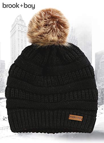 Brook + Bay Faux Fur Pom Pom Beanie for Women - Warm & Cute Cable Knit Winter Hats - Thick, Chunky & Soft Stretch Knitted Caps for Cold Weather - Stylish & Trendy Snow Beanies for Ladies