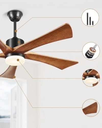 Forrovenco Wooden Ceiling Fan with Light 132 cm / 52 Inches, Ceiling Fan with Lighting and Remote Control, Outdoor Ceiling Fans for Patio, 5 Blades, 6 Levels, Quiet DC Motor, Walnut