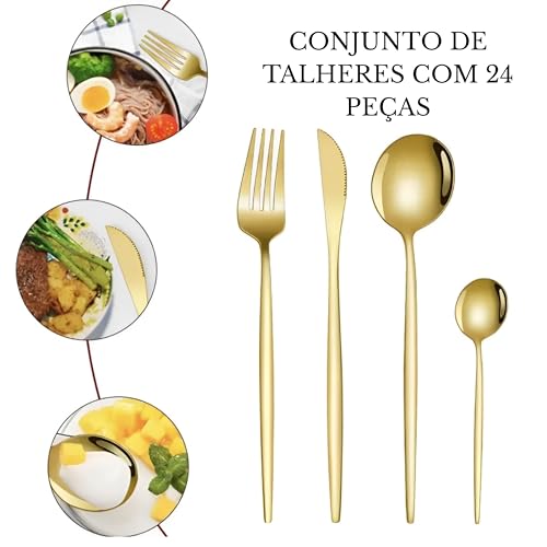 Conjunto de Talheres 24 Peças Dourado Premium Jogo de Talheres Aço Inoxidável Colheres, Garfos e Facas