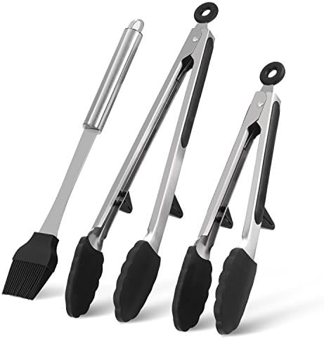 Kitchen Tongs Set-2 Pack(9"&amp;12") Stainless Steel Food Tongs with Basting Pastry Brush, Heat Resistant and Non-Slip, Safe for BBQ,Salads,Grilling,Serving and Cooking,Black