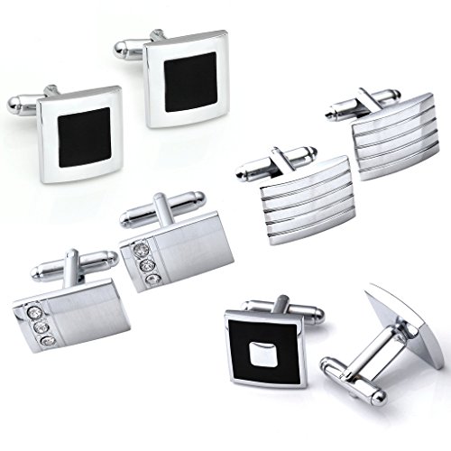 Zysta 6-8pcs Stainless Steel Grid Shell Men's Classic Shirts Cufflinks Groom Wedding Business Shirt, Silver,Gold, 4 Pair Set