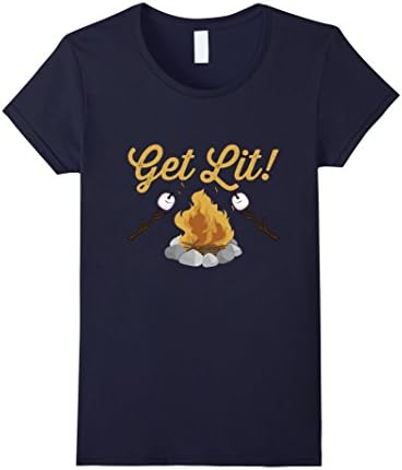 Womens Get Lit T-Shirt - Funny Camping Marshmellow Roasting Fun Tee Large Navy