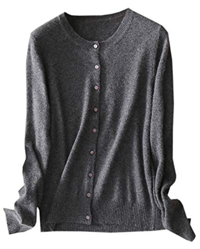 Women's Cashmere Basic Solid Long Sleeve Button Front Crewneck Cardigan Sweater, Grey, Tag 3XL = US L(14)