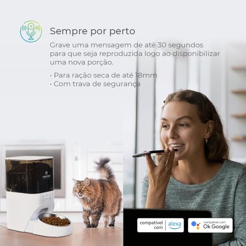 Smart Alimentador Pet Wi-Fi Positivo Casa Inteligente, Agendamento de Porções por App, Gravador de Voz, 4L, Sensor antiobstrução, Tigela removível – Compatível com Alexa e Google Assistente