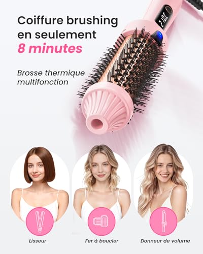 Haokoo Ionic Heating Brush 38mm - Straightening & Curling, Volume, 6 Temperature Levels, Fast Heating (Pink)